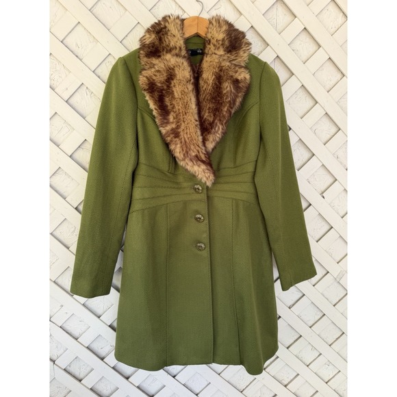 Rampage Jackets & Blazers - Rampa Olive Green Faux Fur Collar Fit & Flare Coat Vintage Y2K Fall Large